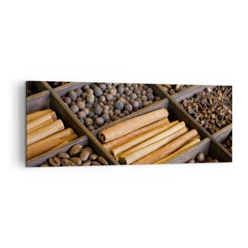 Impression sur toile - Image sur toile - Épices et café dans des compartiments en bois - 140x50cm - Trésor d'arômes - Décoration murale moderne pour le salon et la chambre ARTTOR