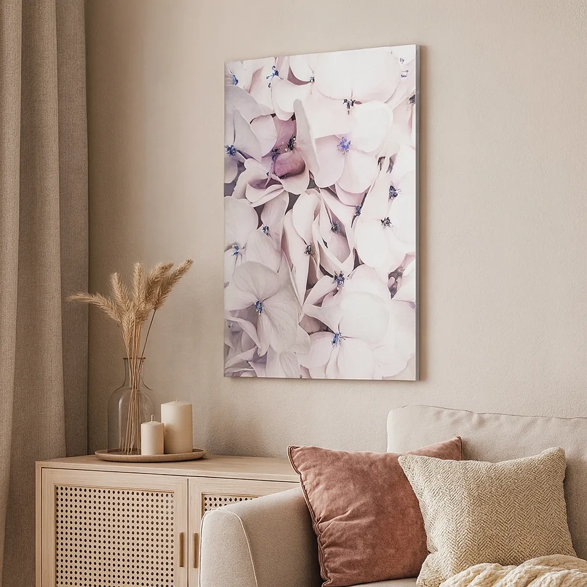 Impression sur toile - Image sur toile - Hortensias blancs délicats aux tons pastel - 50x70cm - Dans un flot de fleurs - Décoration murale moderne pour le salon et la chambre ARTTOR