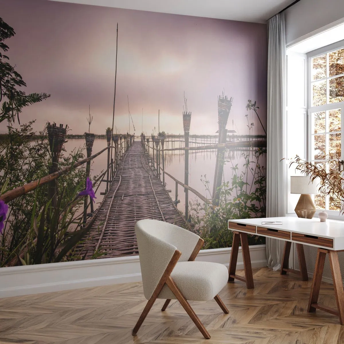 Papier Peint Photo Premium Sand - Un pont en bois contre un ciel nuageux - 100x70cm - Le silence et le calme d'Asie - Décoration murale moderne pour le salon et la chambre ARTTOR