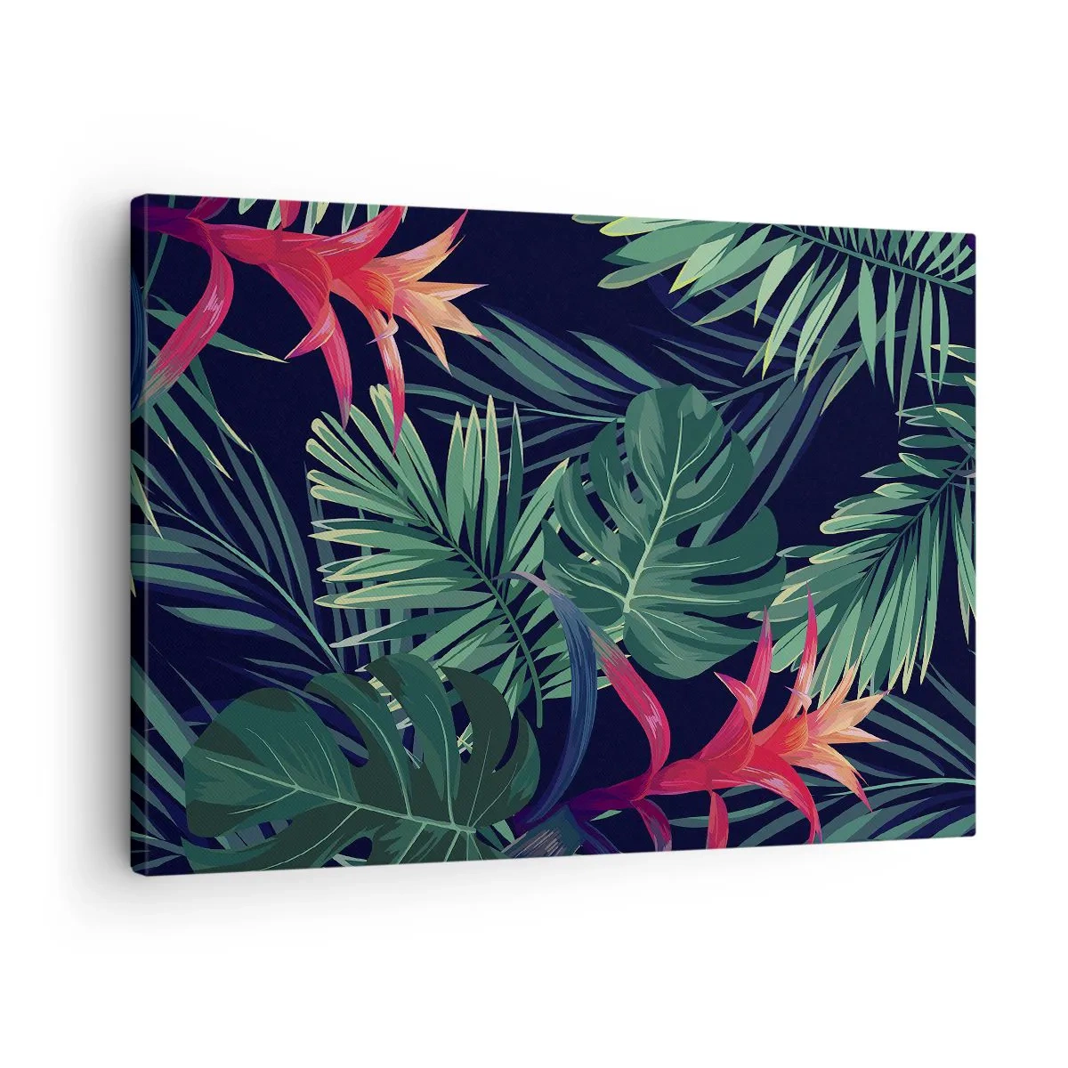 Impression sur toile - Image sur toile - Feuilles et fleurs tropicales sur fond sombre - 70x50cm - immergé dans la nature - Décoration murale moderne pour le salon et la chambre ARTTOR