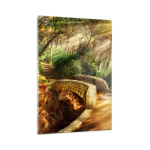 Impression sur verre - Image sur verre - Les rayons du soleil illuminent le pont et le chemin de la forêt - 50x70cm - Directement du pont dans une forêt de conte de fées - Décoration murale moderne pour le salon et la chambre ARTTOR