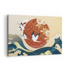 Impression sur toile - Image sur toile - Composition japonaise avec des grues et des vagues - 120x80cm - Conte japonnais - Décoration murale moderne pour le salon et la chambre ARTTOR