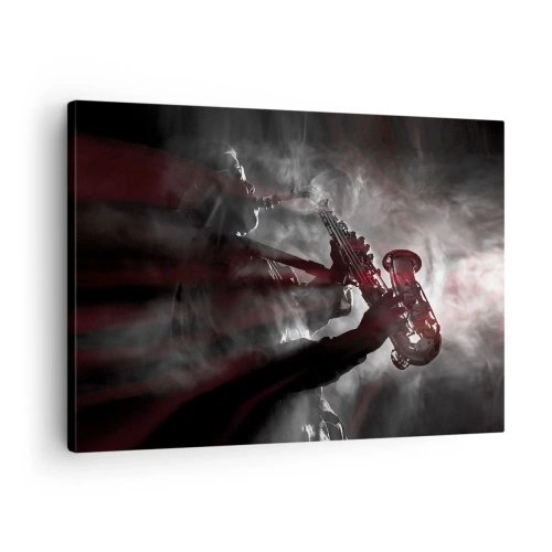 Impression sur toile - Image sur toile - Saxophoniste en fumée sur scène en noir et rouge atmosphérique - 70x50cm - Dans les brumes du jazz - Décoration murale moderne pour le salon et la chambre ARTTOR
