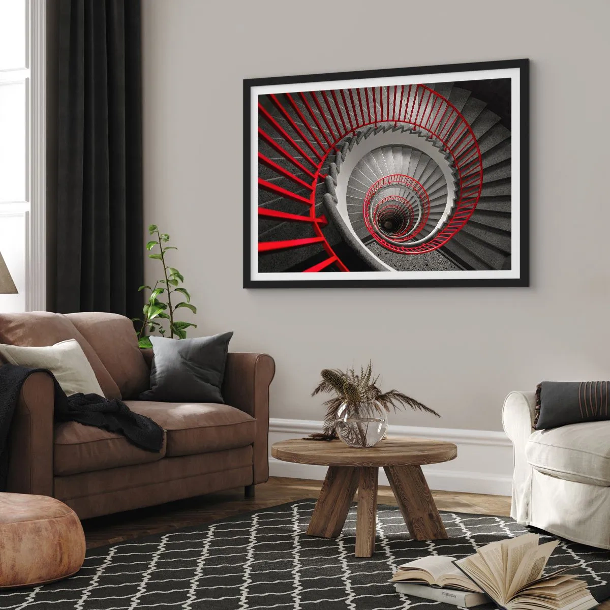 Affiche dans un cadre noir - Poster - Escalier en colimaçon avec rampes rouges dans une perspective dynamique - 70x50cm - Amusement architectural - Décoration murale moderne pour le salon et la chambre ARTTOR