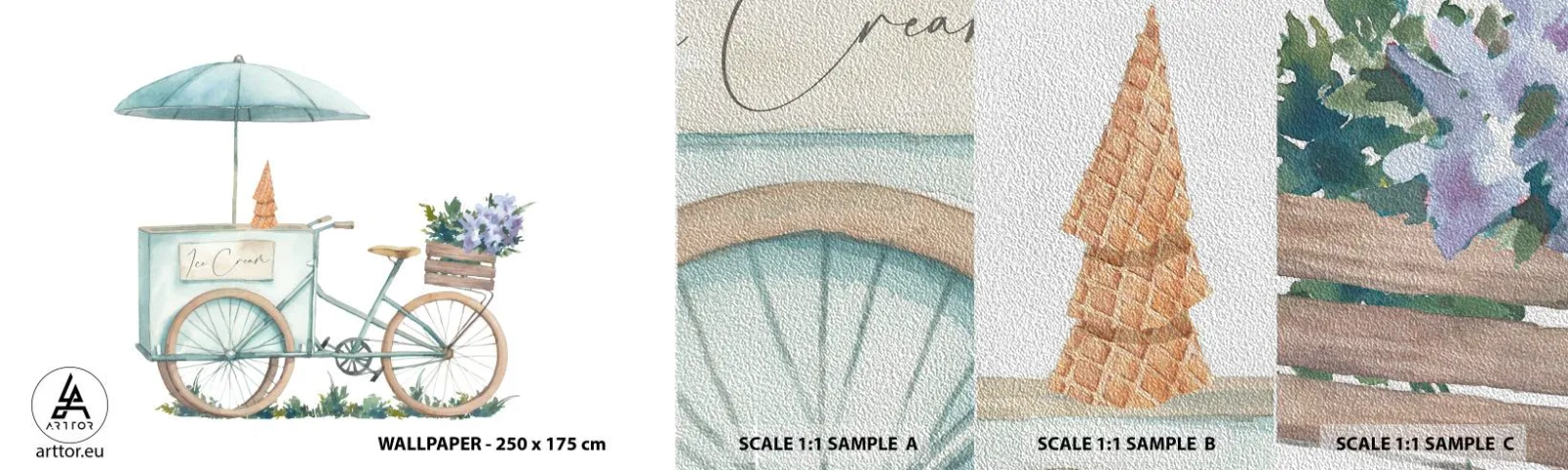 Échantillon de Papier Peint Premium Sand - Doux souvenir d'été - Pastel, Glace, Vélo - 100x30 cm