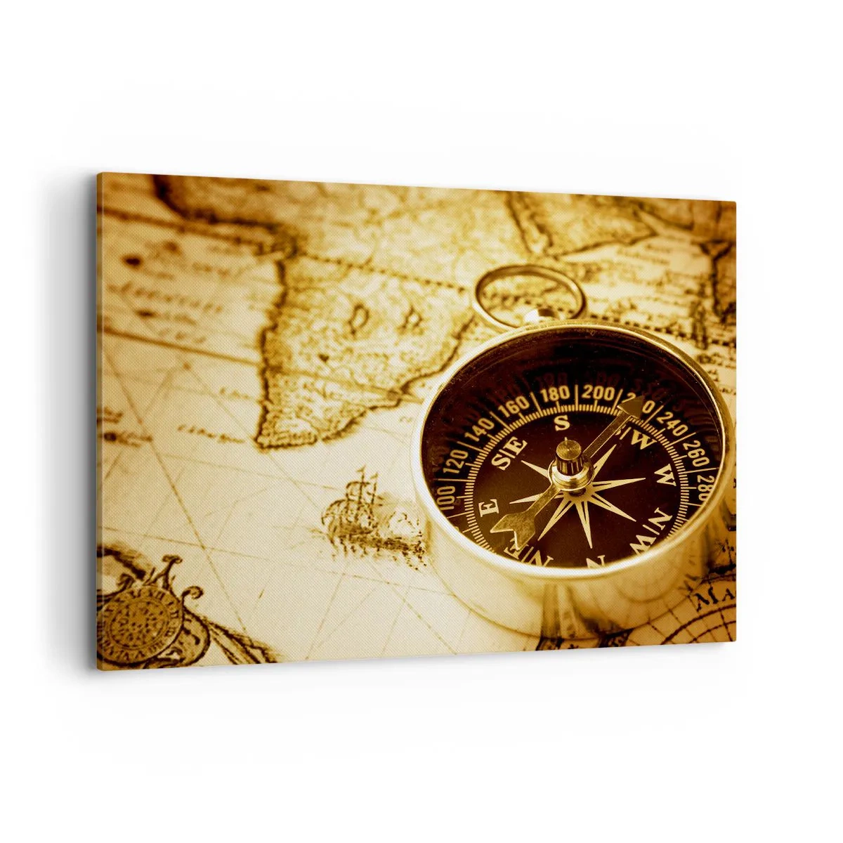 Impression sur toile - Image sur toile - Une boussole antique sur fond d'une vieille carte du monde - 100x70cm - Est ou ouest? - Décoration murale moderne pour le salon et la chambre ARTTOR