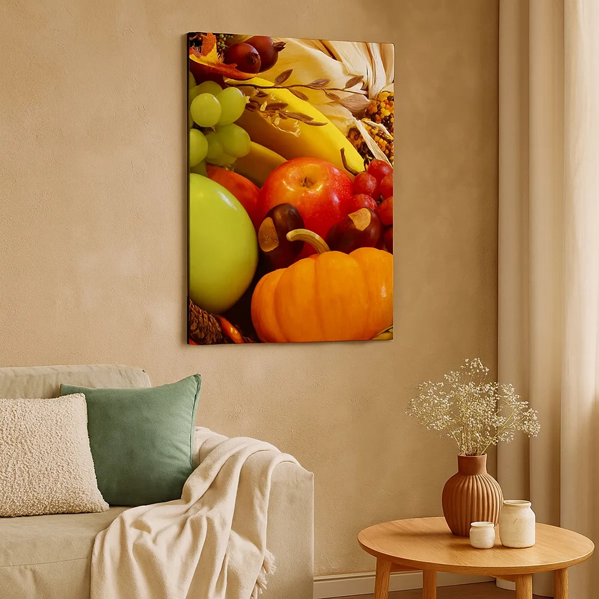Impression sur toile - Image sur toile - Un panier de fruits, de citrouilles et de maïs sur fond de couleurs d'automne. - 50x70cm - Panier de récolte - Décoration murale moderne pour le salon et la chambre ARTTOR