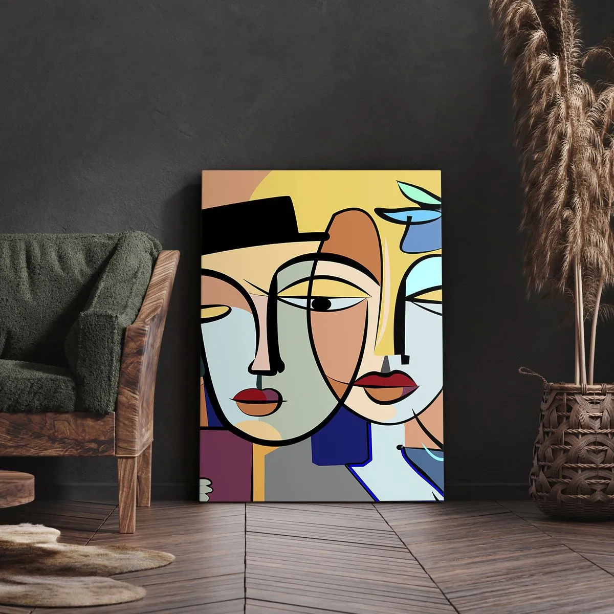 Impression sur toile - Image sur toile - Portraits cubistes aux couleurs vives avec un motif floral - 50x70cm - Le Rendez-vous de Picasso - Décoration murale moderne pour le salon et la chambre ARTTOR