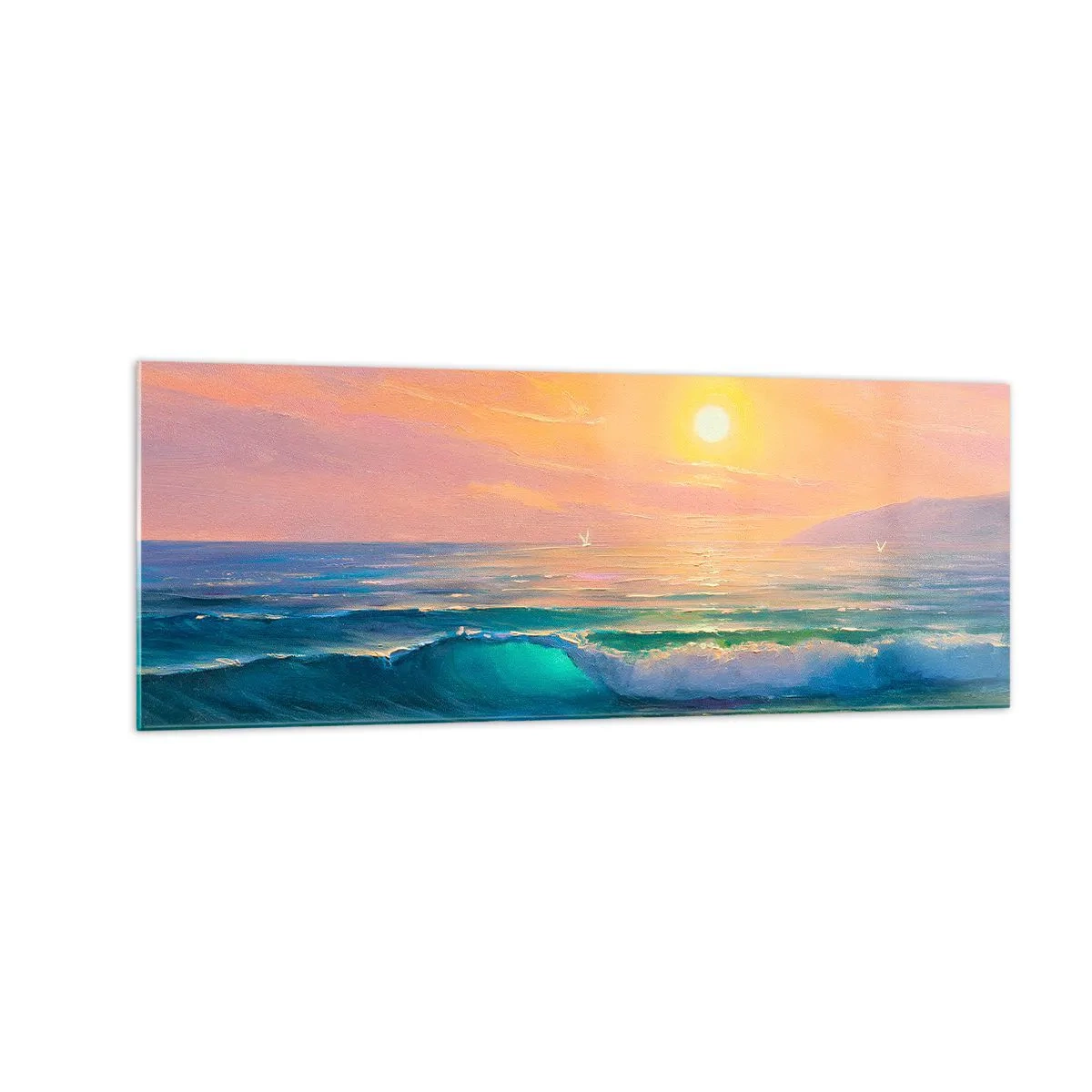 Impression sur verre - Image sur verre - Paysage marin avec coucher de soleil - 140x50cm - Le chant turquoise des vagues - Décoration murale moderne pour le salon et la chambre ARTTOR