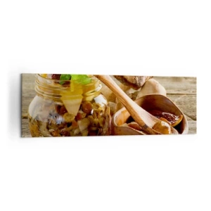 Impression sur toile - Image sur toile - Champignons naturels dans un bocal sur une table rustique - 160x50cm - Que ce soit frais ou salé, ou en automne... - Décoration murale moderne pour le salon et la chambre ARTTOR