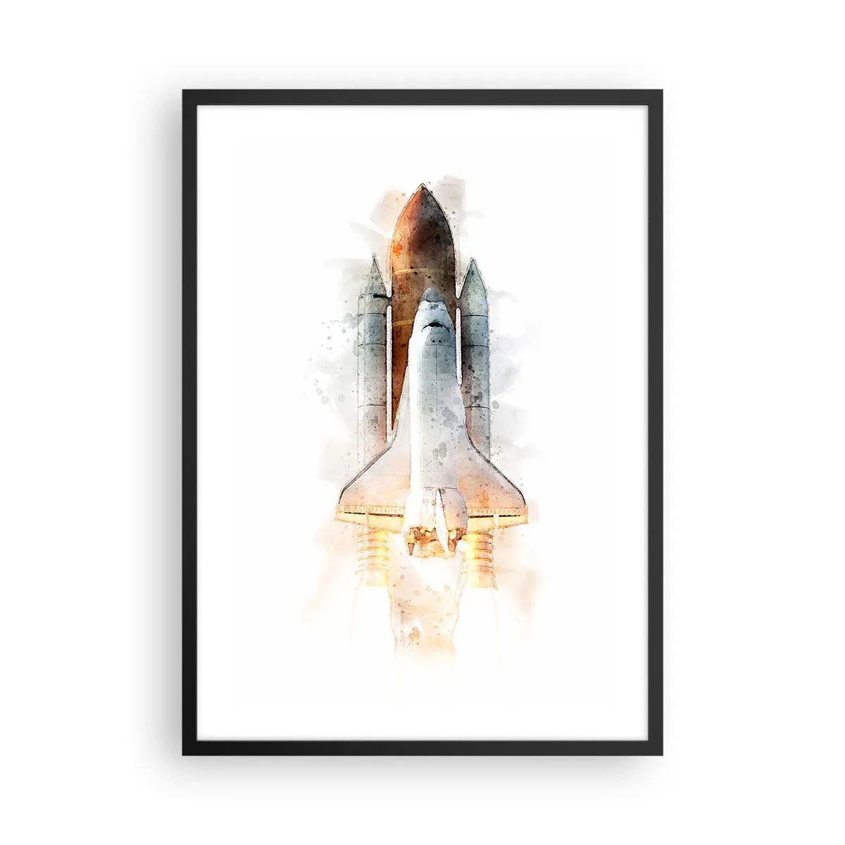 Affiche dans un cadre noir - Poster - Navette spatiale au décollage, style aquarelle - 50x70cm - Des explorateurs pour commencer - Décoration murale moderne pour le salon et la chambre ARTTOR