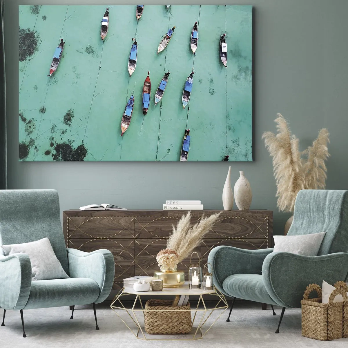 Impression sur toile - Image sur toile - Vue aérienne de bateaux sur une eau turquoise - 70x50cm - Dans une attente jouyeuse - Décoration murale moderne pour le salon et la chambre ARTTOR