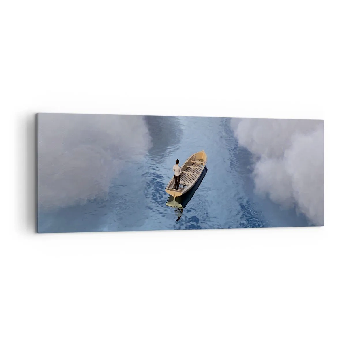 Impression sur toile - Image sur toile - Un homme dans un bateau sur une mer calme entourée de nuages - 140x50cm - Vie – voyage – inconnu - Décoration murale moderne pour le salon et la chambre ARTTOR