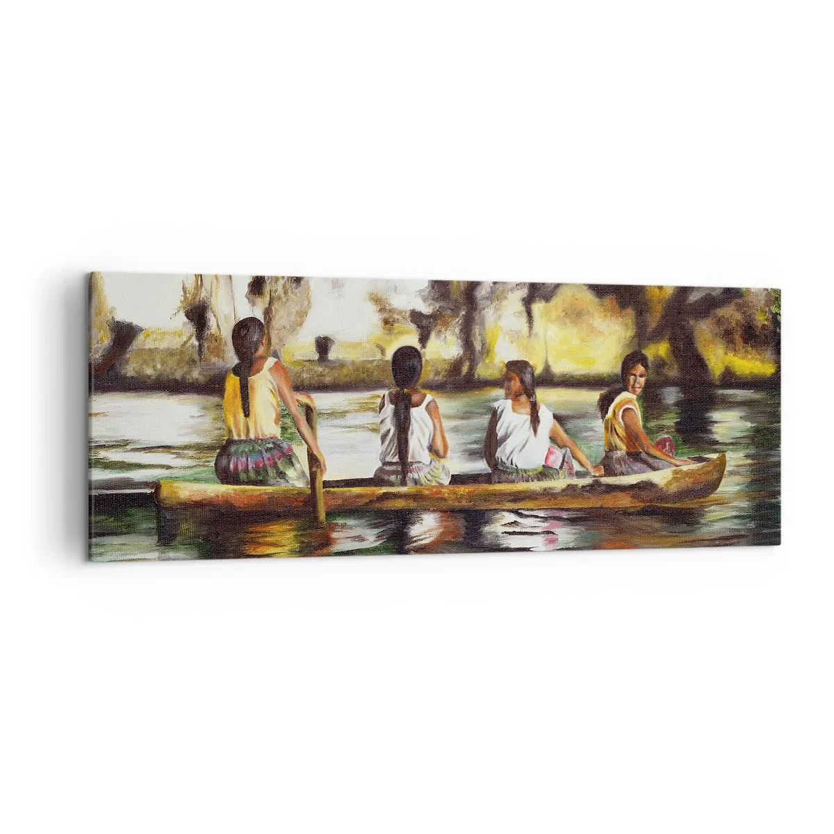 Impression sur toile - Image sur toile - Femmes dans un bateau sur une rivière calme avec un arrière-plan pittoresque - 140x50cm - Dans un paradis polynésien - Décoration murale moderne pour le salon et la chambre ARTTOR