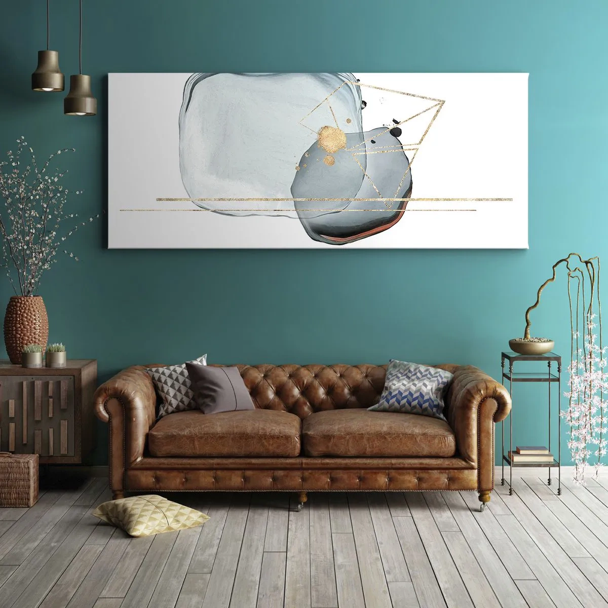Impression sur toile - Image sur toile - Formes abstraites dans des tons de bleu et d'or sur fond blanc - 120x50cm - Etude des gouttes - Décoration murale moderne pour le salon et la chambre ARTTOR