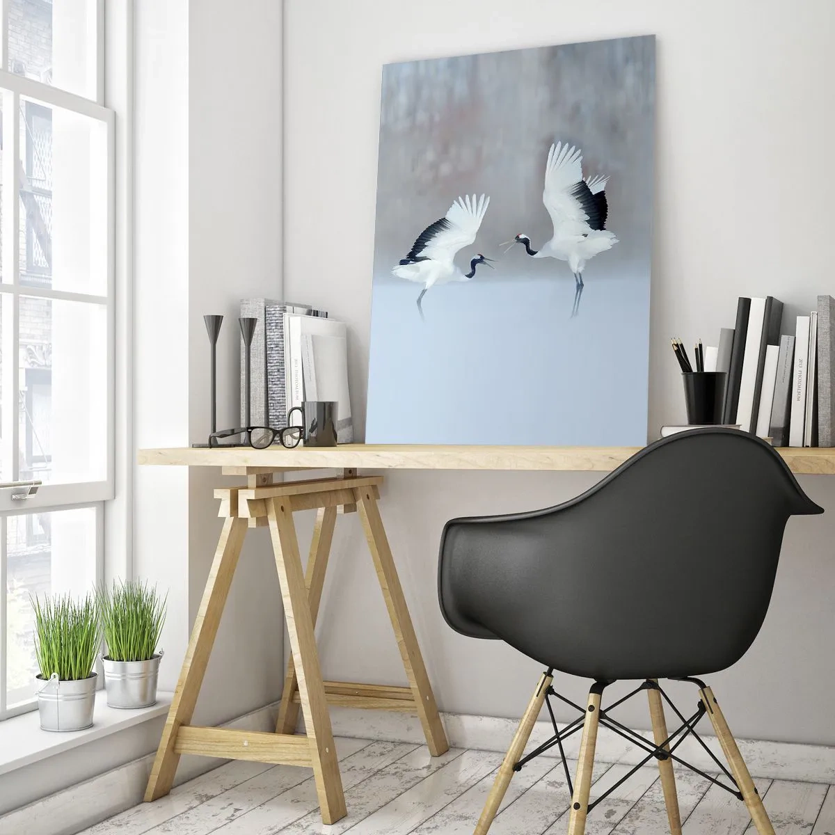 Impression sur verre - Image sur verre - Deux grues dansant dans un paysage brumeux - 70x100cm - Danse dans le brouillard - Décoration murale moderne pour le salon et la chambre ARTTOR