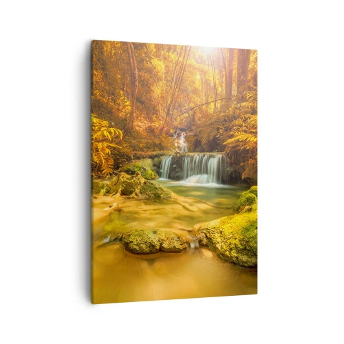 Impression sur toile - Image sur toile - Une cascade dorée dans une forêt d'automne entourée de verdure - 50x70cm - Cascade de forêt en or - Décoration murale moderne pour le salon et la chambre ARTTOR