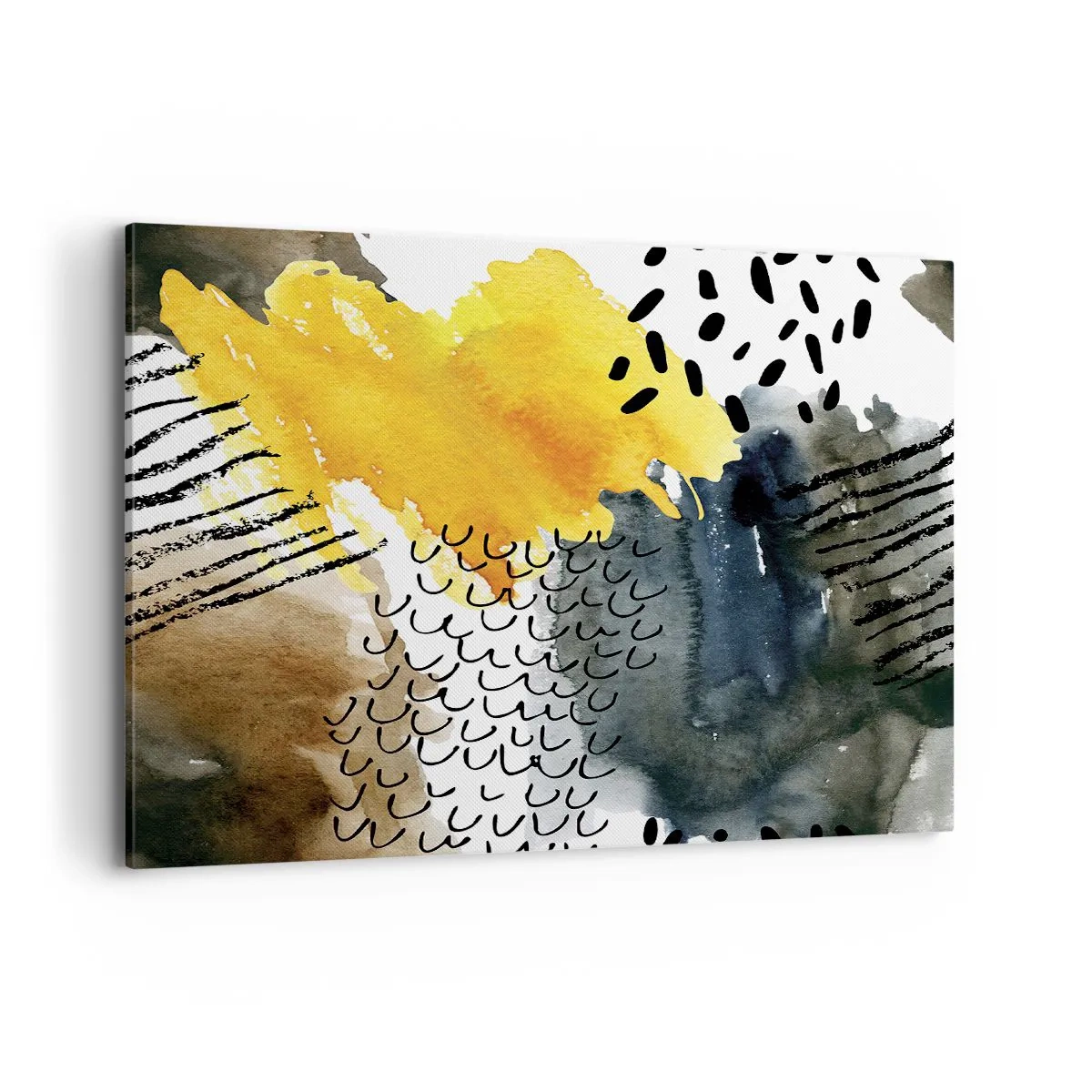 Impression sur toile - Image sur toile - Une composition abstraite avec des accents jaunes et des motifs graphiques. - 100x70cm - Rencontre des éléments - Décoration murale moderne pour le salon et la chambre ARTTOR