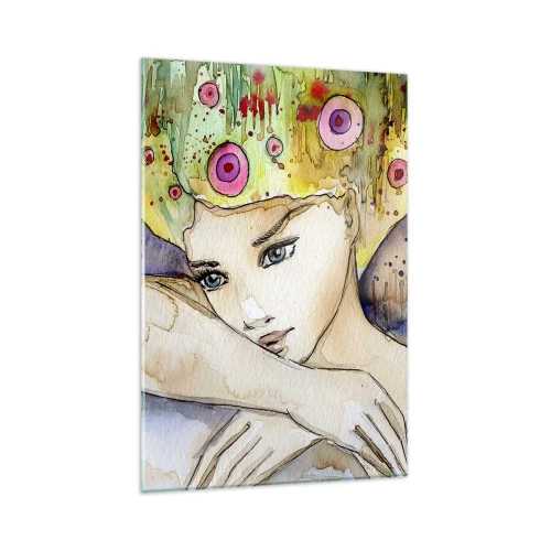 Impression sur verre - Image sur verre - Une femme avec une coiffure abstraite et un papillon rose - 80x120cm - La princesse papillon - Décoration murale moderne pour le salon et la chambre ARTTOR