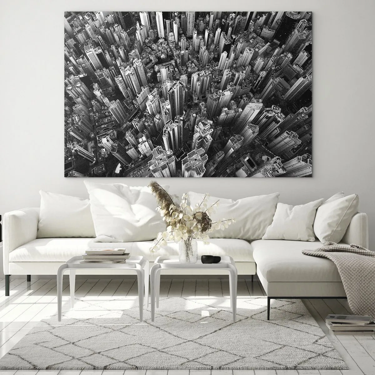Impression sur verre - Image sur verre - Vue aérienne de la ville en noir et blanc - 70x50cm - Toujours de plus en plus haut - Décoration murale moderne pour le salon et la chambre ARTTOR