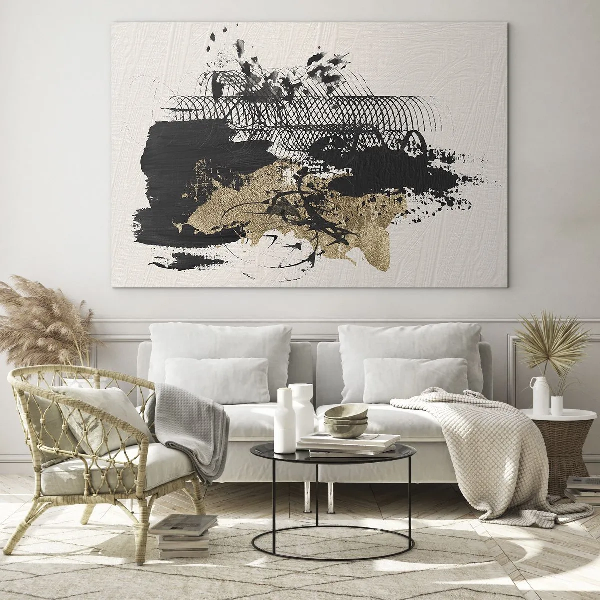 Impression sur verre - Image sur verre - Composition abstraite en noir et or sur fond clair - 70x50cm - Composer avec passion - Décoration murale moderne pour le salon et la chambre ARTTOR