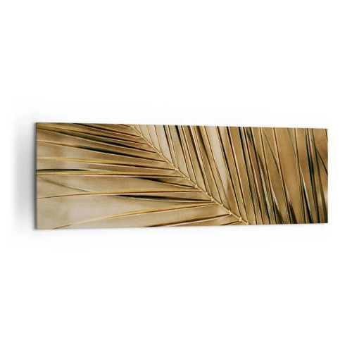 Impression sur toile - Image sur toile - Feuille de palmier dorée sur fond uni - 160x50cm - Colonnade naturelle - Décoration murale moderne pour le salon et la chambre ARTTOR
