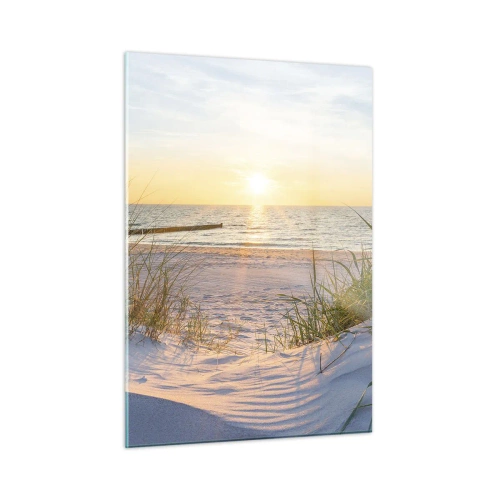 Impression sur verre - Image sur verre - Plage au coucher du soleil avec vue sur la mer et les herbes des dunes - 50x70cm - Le bruit de la mer, le chant des oiseaux, une plage sauvage parmi les herbes… - Décoration murale moderne pour le salon et la chamb