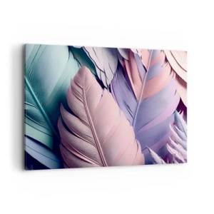 Impression sur toile - Image sur toile - Plumes colorées dans des tons pastel sur un fond clair - 100x70cm - Oiseau chic - Décoration murale moderne pour le salon et la chambre ARTTOR