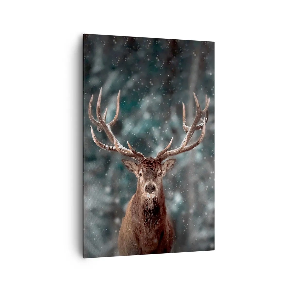 Impression sur toile - Image sur toile - Cerf dans une forêt d'hiver avec de la neige qui tombe - 80x120cm - Roi de la forêt couronné - Décoration murale moderne pour le salon et la chambre ARTTOR