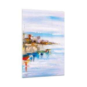 Impression sur verre - Image sur verre - Bateaux colorés sur le rivage surplombant les toits de la ville - 80x120cm - Un havre urbain multicolore - Décoration murale moderne pour le salon et la chambre ARTTOR