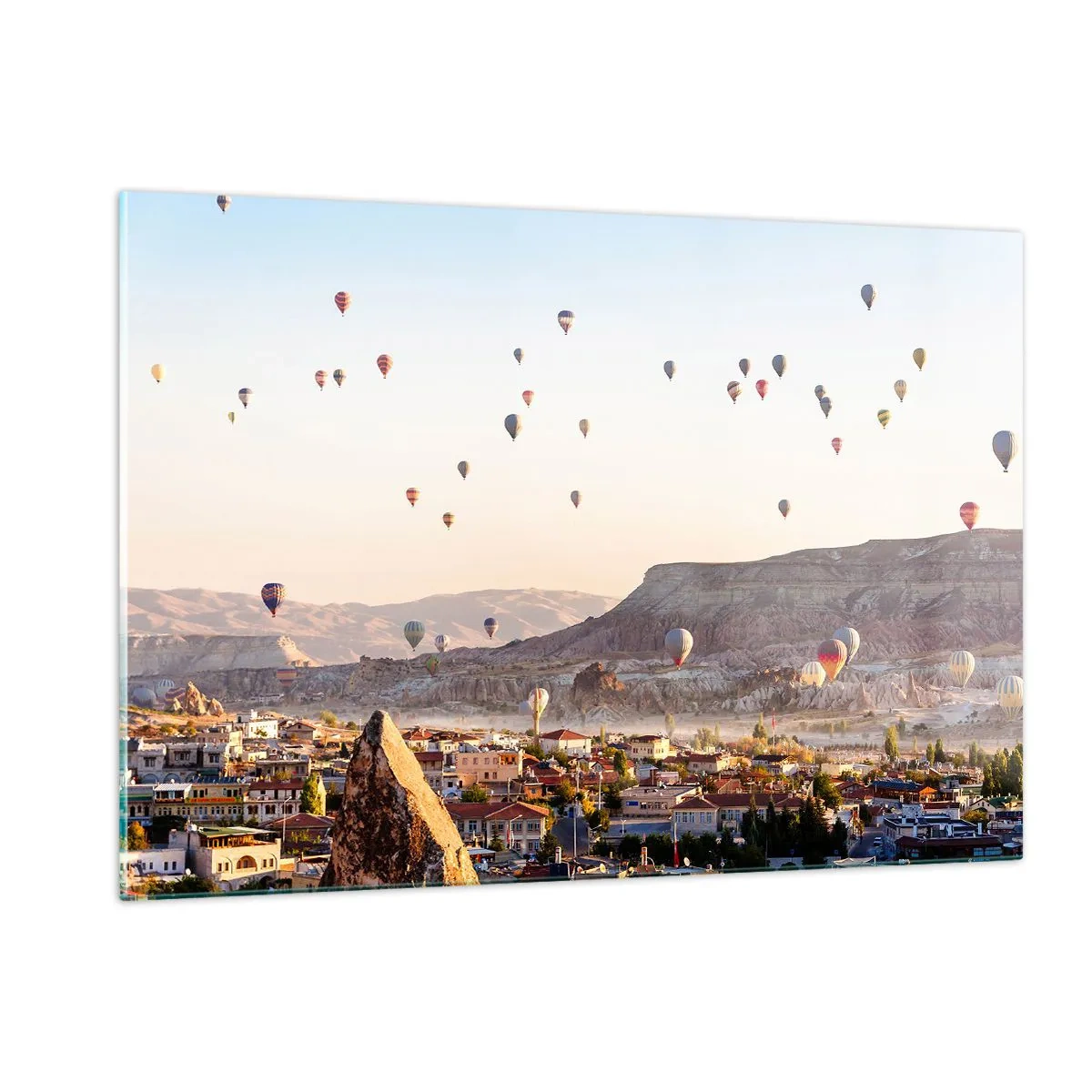 Impression sur verre - Image sur verre - Vol en montgolfière au-dessus de la Cappadoce à la lumière du matin - 120x80cm - Comme des navires dans le ciel - Décoration murale moderne pour le salon et la chambre ARTTOR