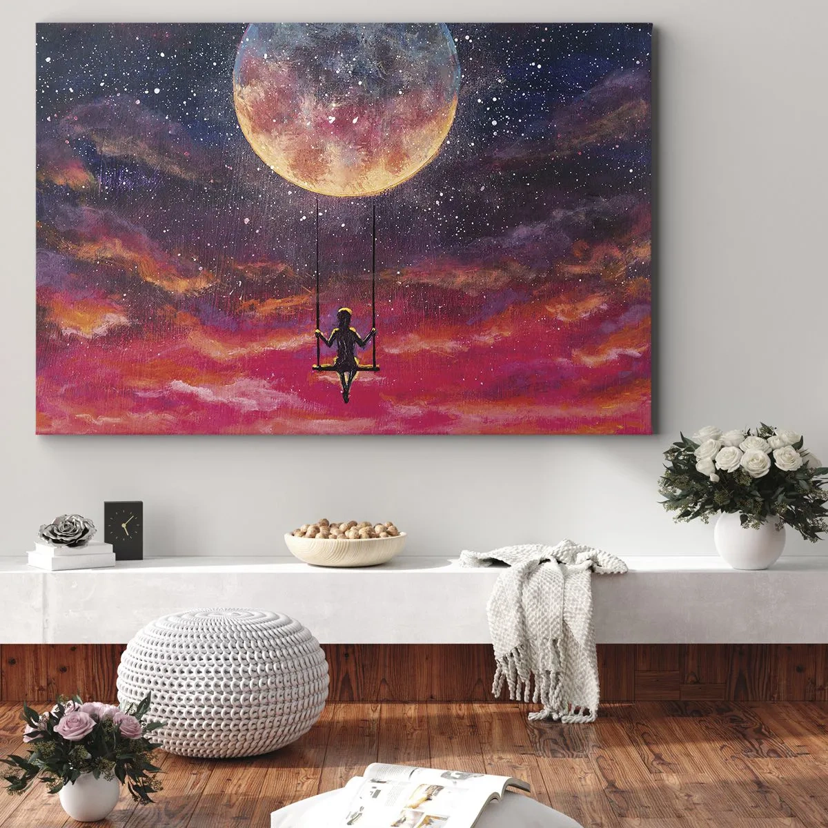 Impression sur toile - Image sur toile - Une silhouette sur une balançoire suspendue contre la lune - 100x70cm - Se balancer dans les nuages - Décoration murale moderne pour le salon et la chambre ARTTOR