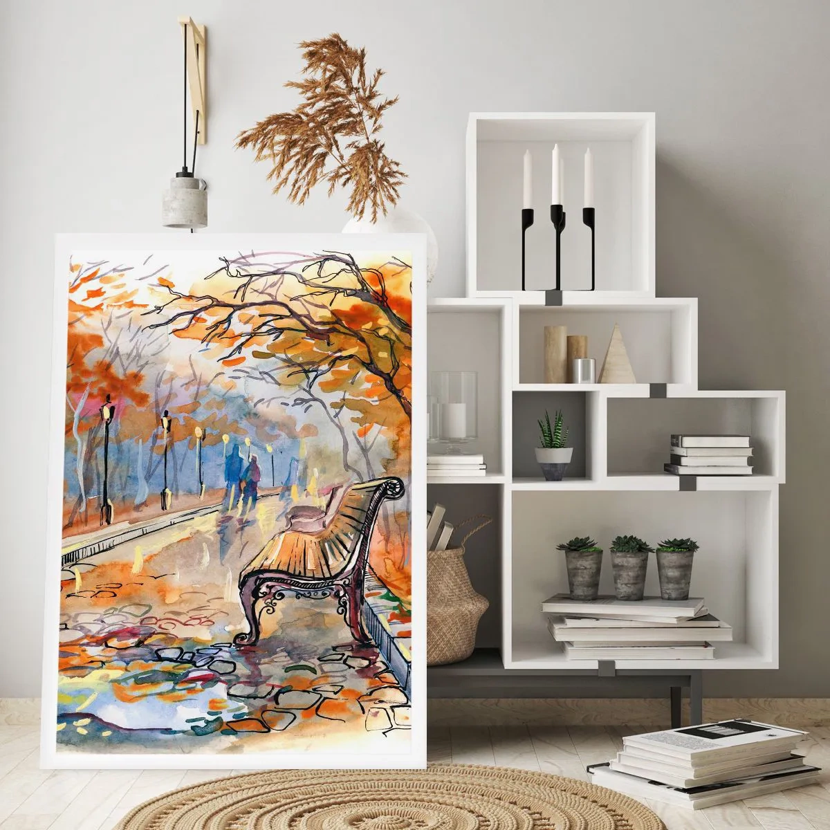 Affiche - Poster - Banc dans un parc en automne, aquarelle - 50x70cm - Errer ensemble à l'automne - Décoration murale moderne pour le salon et la chambre ARTTOR