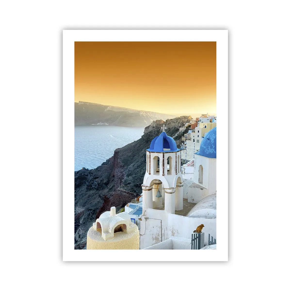 Affiche - Poster - Santorin avec ses maisons blanches et ses dômes bleus - 50x70cm - Santorin - blotti contre les rochers - Décoration murale moderne pour le salon et la chambre ARTTOR