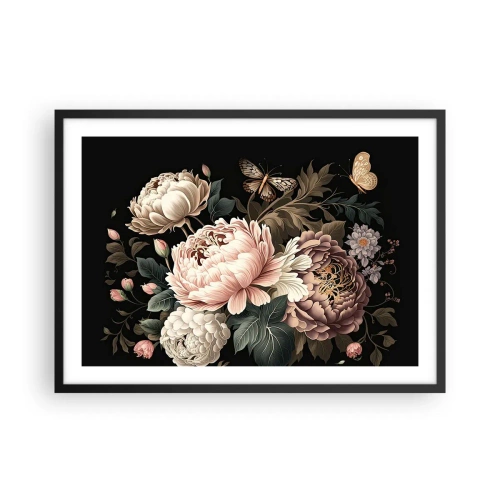 Affiche dans un cadre noir - Poster - Un bouquet de fleurs roses et de papillons sur fond noir - 70x50cm - De style baroque - Décoration murale moderne pour le salon et la chambre ARTTOR