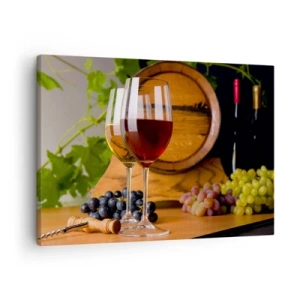 Impression sur toile - Image sur toile - Verres de vin avec des raisins, un tonneau et des bouteilles sur une table en bois - 70x50cm - Comme les vieux maîtres - Décoration murale moderne pour le salon et la chambre ARTTOR