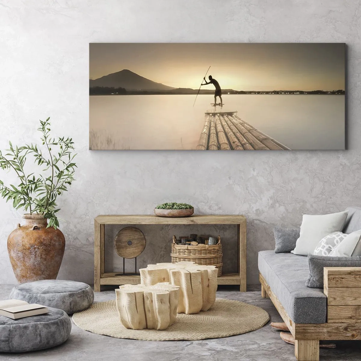 Impression sur toile - Image sur toile - Homme sur un radeau au coucher du soleil - 140x50cm - Avant la fin du jour - Décoration murale moderne pour le salon et la chambre ARTTOR