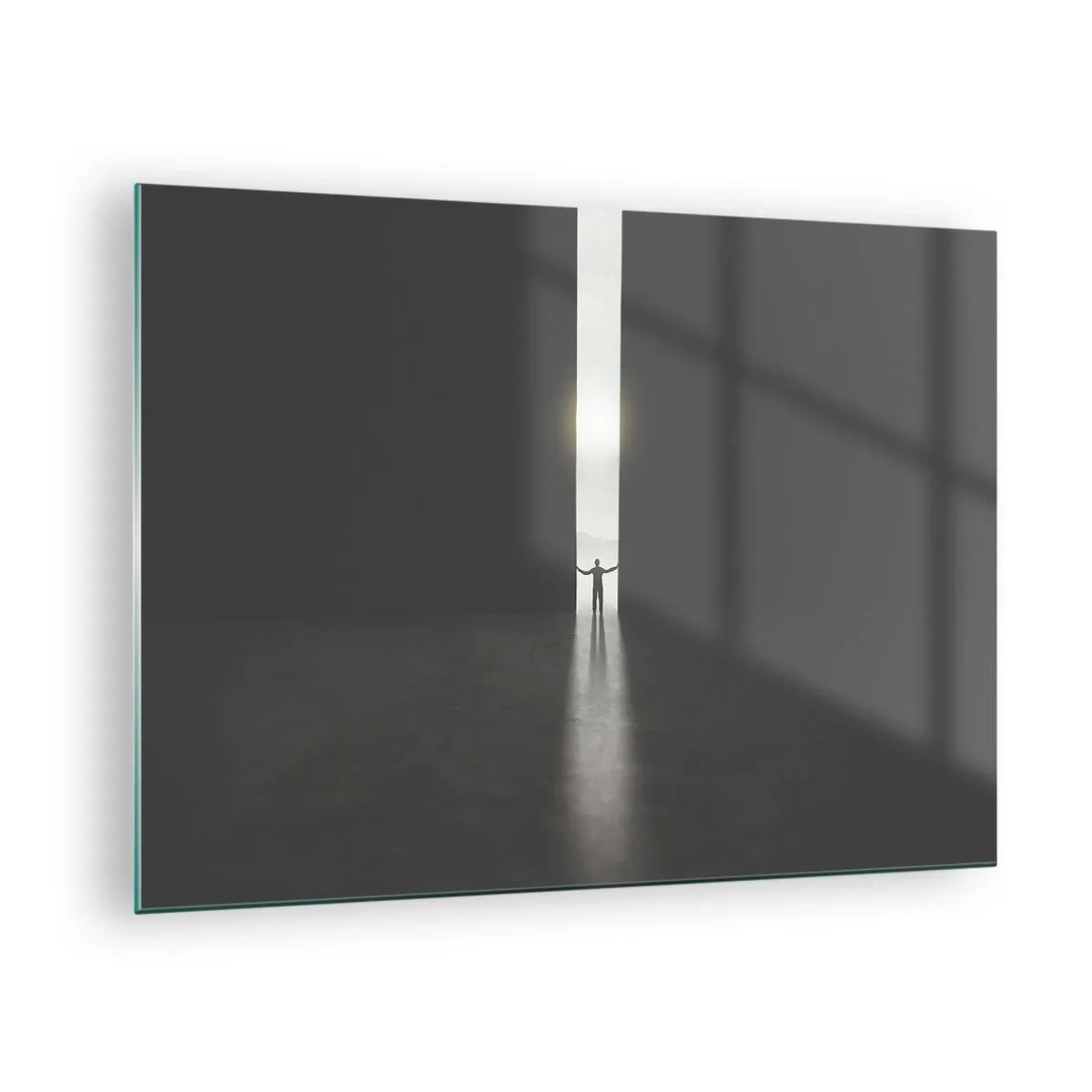 Impression sur verre - Image sur verre - Silhouette d'un homme ouvrant une porte sur une lumière vive - 70x50cm - Étape vers un avenir radieux - Décoration murale moderne pour le salon et la chambre ARTTOR