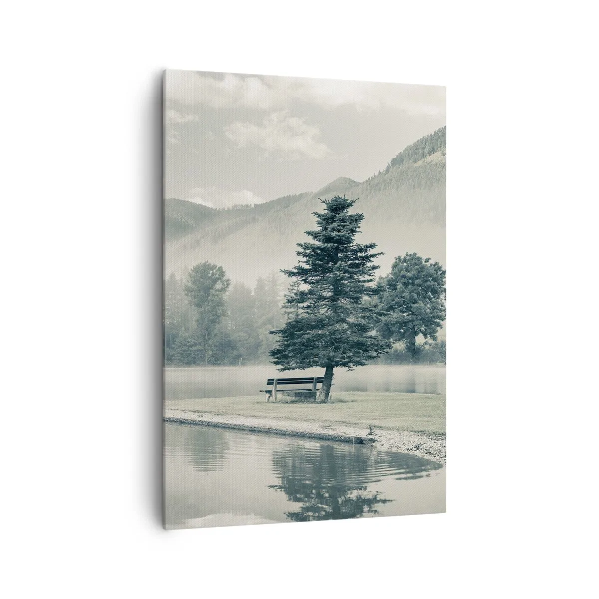 Impression sur toile - Image sur toile - Un lac pittoresque avec un banc et du brouillard en arrière-plan - 70x100cm - Le lac dort encore - Décoration murale moderne pour le salon et la chambre ARTTOR