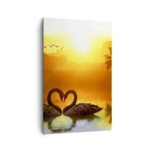 Impression sur toile - Image sur toile - Deux cygnes noirs formant un cœur sur fond de coucher de soleil sur un lac - 80x120cm - Tout va ensemble - Décoration murale moderne pour le salon et la chambre ARTTOR