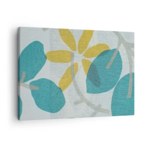 Impression sur toile - Image sur toile - Feuilles aux tons turquoise et jaune sur fond clair - 70x50cm - Wśród lazurowych liści - Décoration murale moderne pour le salon et la chambre ARTTOR