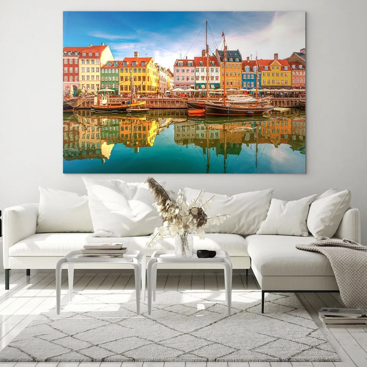 Impression sur verre - Image sur verre - Maisons colorées sur le canal avec des reflets dans l'eau - 120x80cm - Aussi lisse qu'un miroir au-dessus de l'eau - Décoration murale moderne pour le salon et la chambre ARTTOR