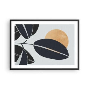 Affiche dans un cadre noir - Poster - Un motif de feuille minimaliste avec un soleil brillant en arrière-plan. - 70x50cm - Une chaude journée d'été - Décoration murale moderne pour le salon et la chambre ARTTOR