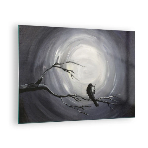 Impression sur verre - Image sur verre - Un corbeau assis sur une branche sur fond de pleine lune - 70x50cm - La clé du mystère de la nuit - Décoration murale moderne pour le salon et la chambre ARTTOR