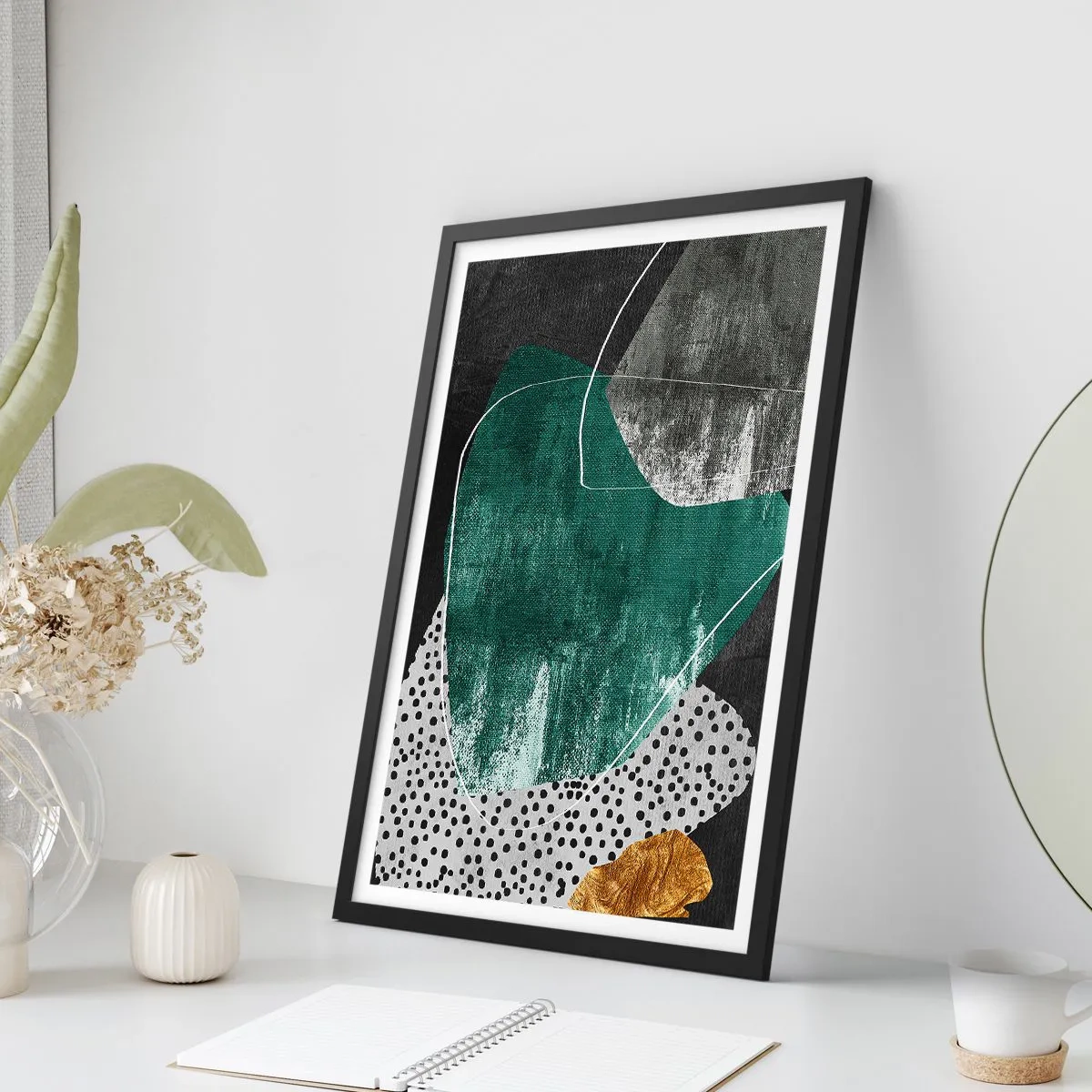 Affiche dans un cadre noir - Poster - Abstraction colorée avec feuille d'or - 40x50 cm