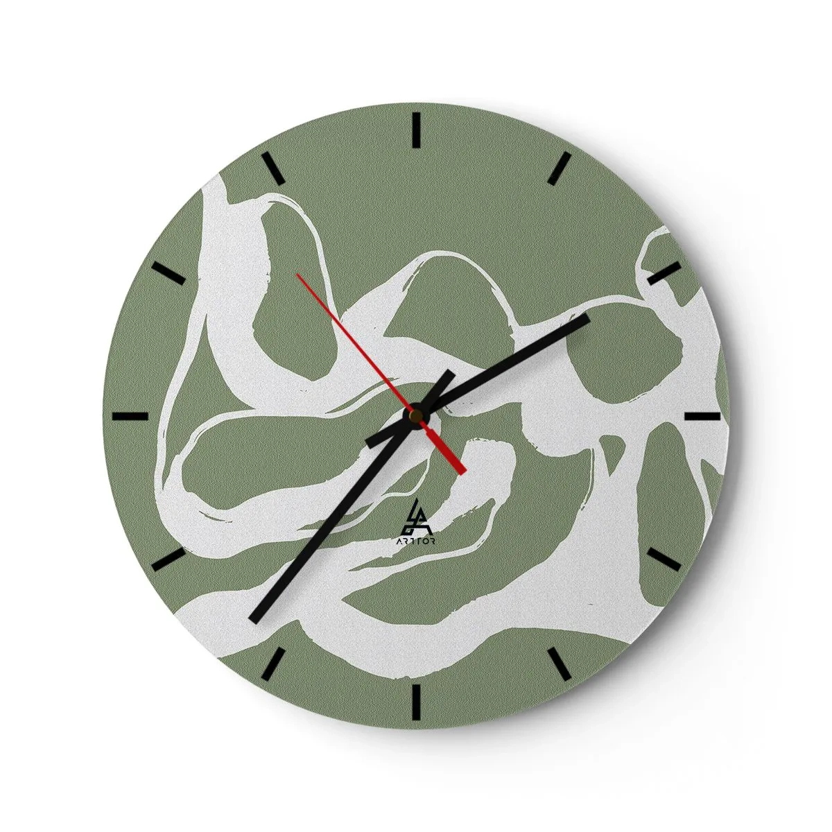 Horloge murale - Pendule murale - Formes organiques blanches sur fond vert olive - 30x30cm - L'appel de l'espace - Décoration murale moderne pour le salon, la cuisine et la chambre ARTTOR