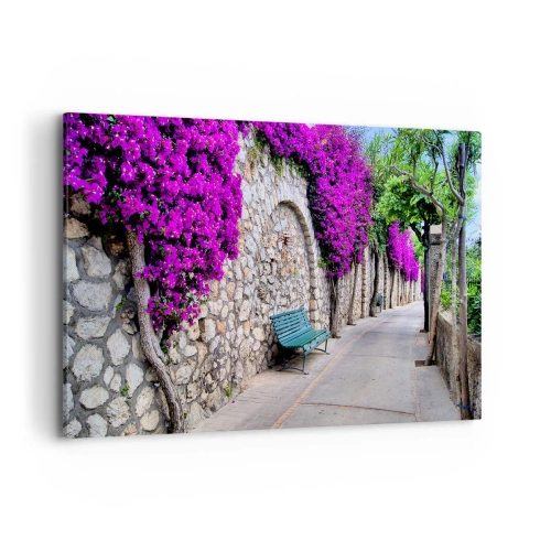 Impression sur toile - Image sur toile - Un chemin de pierre avec un banc et des fleurs violettes en fleurs - 120x80cm - Rencontrons-nous au plus vite - Décoration murale moderne pour le salon et la chambre ARTTOR