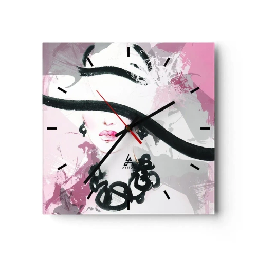 Horloge murale - Pendule murale - Portrait d'une dame en noir et rose - 40x40 cm