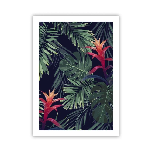 Affiche - Poster - Feuilles et fleurs tropicales sur fond sombre - 50x70cm - immergé dans la nature - Décoration murale moderne pour le salon et la chambre ARTTOR