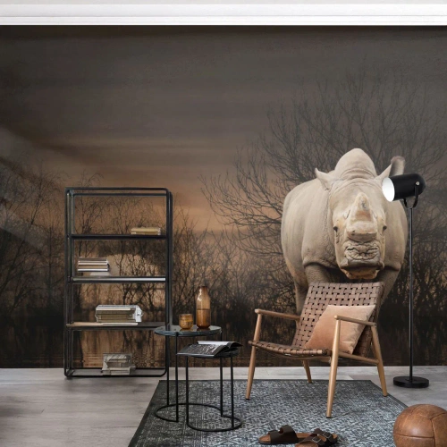 Papier Peint Photo Premium Canvas - Blanc contre nature - Rhinocéros, Animaux, Afrique - 450x315 cm
